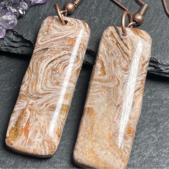 Artisan Jewelry - REDUCED Artisan Caramel Brown And Creamy Copper Swirl Pattern Earrings